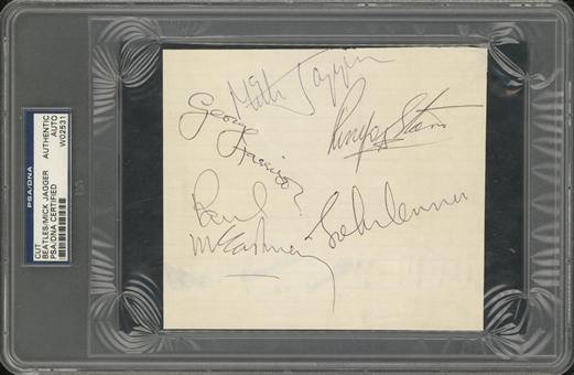 Rock Holy Grail:The Beatles And Mick Jagger Signed Note Book Page (PSA/DNA)